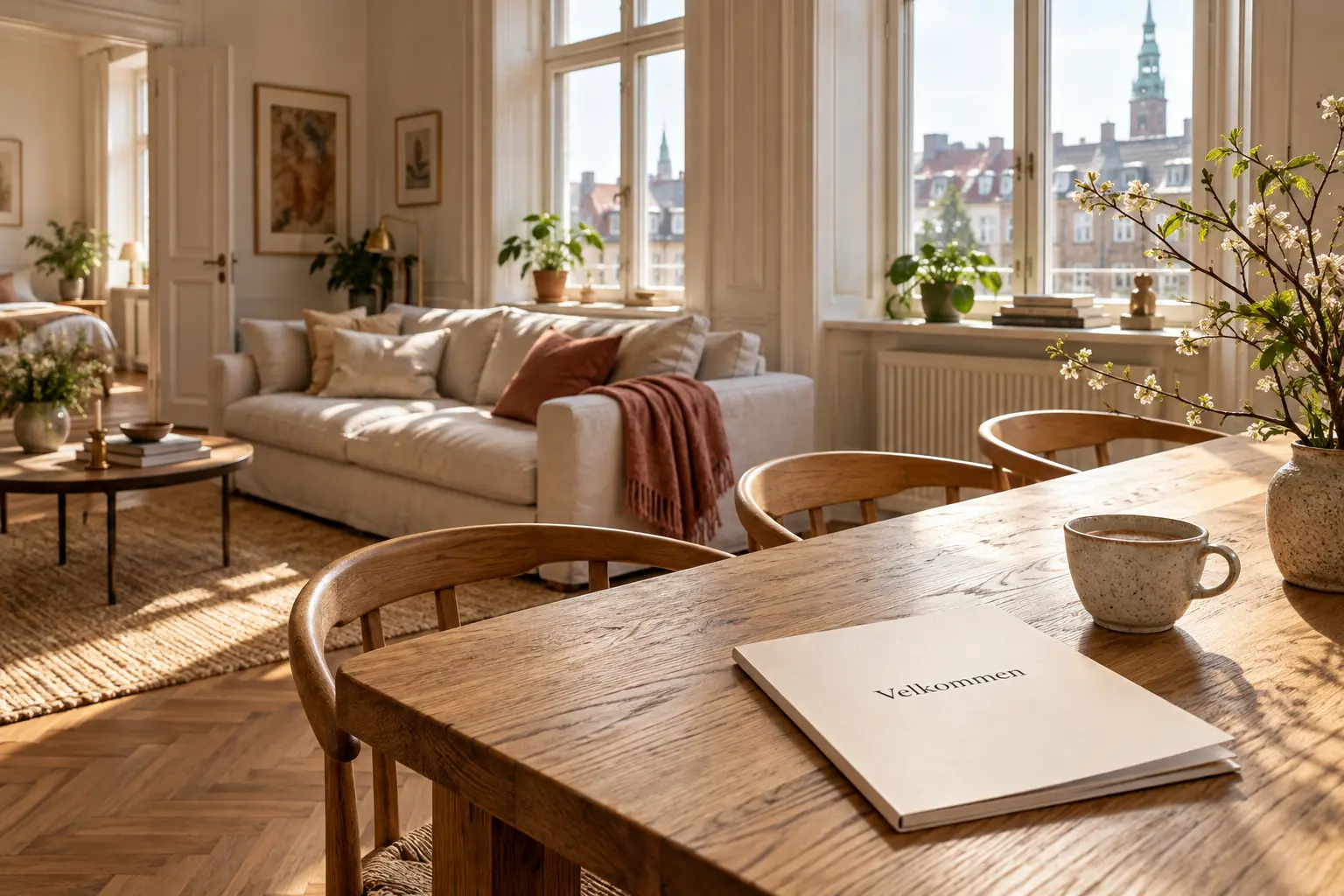 Et indbydende hjem med en personlig velkomstfolder på spisebordet